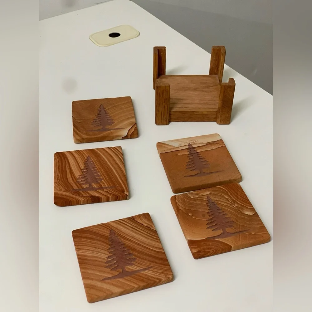 Vtg Set of 5 Evergreen Tree Engraved Marbled Sandstone Cork Lined Drink Coasters